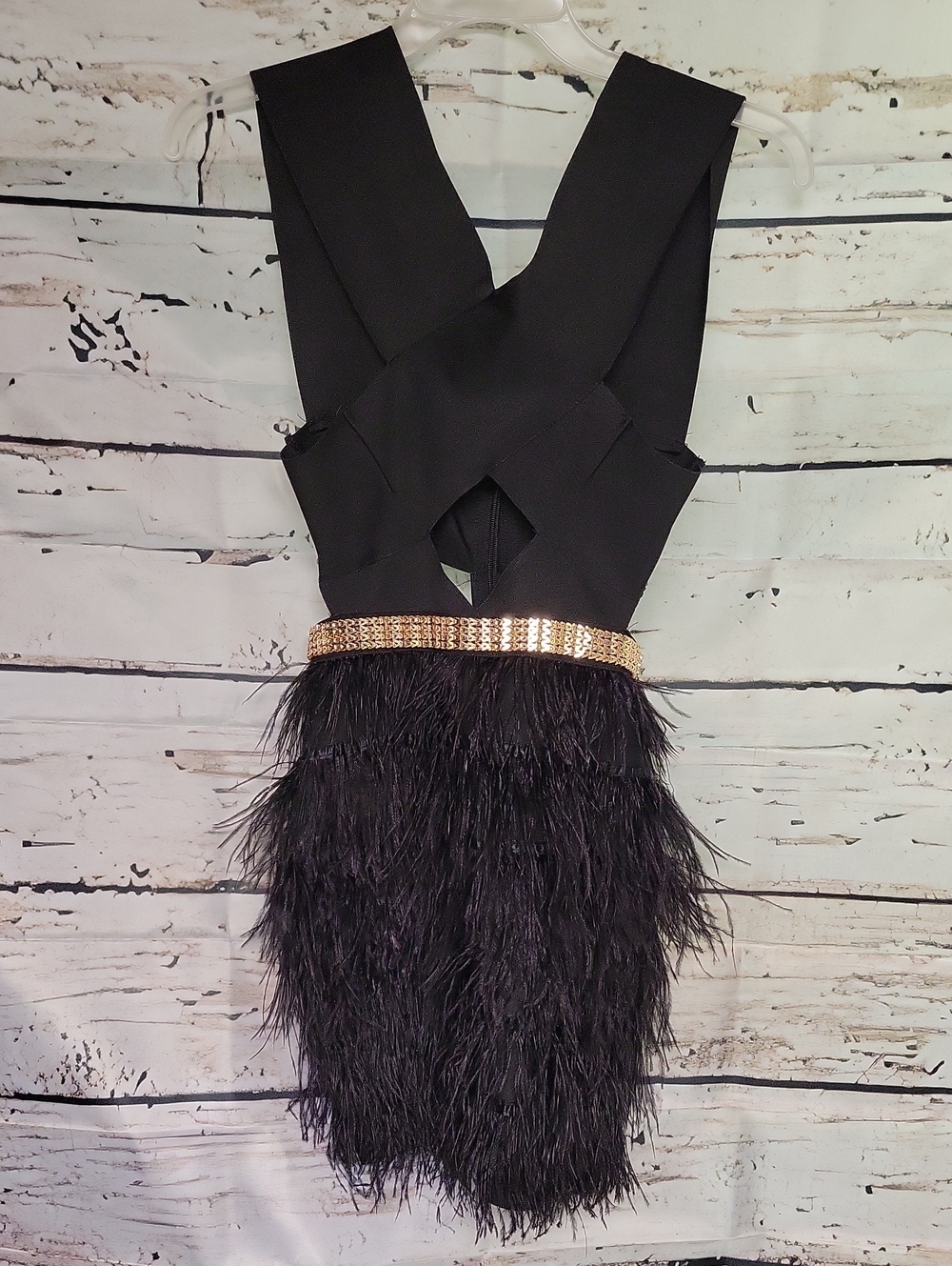 Fashion Nova Black Bandage Mini Dress with Gold Waistband and Feather Skirt #12